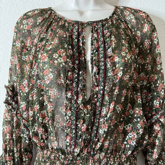 Zara Floral Beaded Mini Dress Small Peasant BOHO Festive Ruffle Smocked - Picture 3 of 15